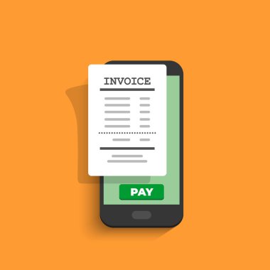 Finansal işlem bildirim. Elektronik fatura ile Smartphone. Düz stil vektör çizim.
