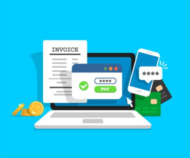 Online ödeme kavramı. Elektronik fatura ile dizüstü bilgisayar. Finansal işlem onay yolu ile Sms. Coints ve arka plan üzerinde kart. Düz stil vektör çizim.