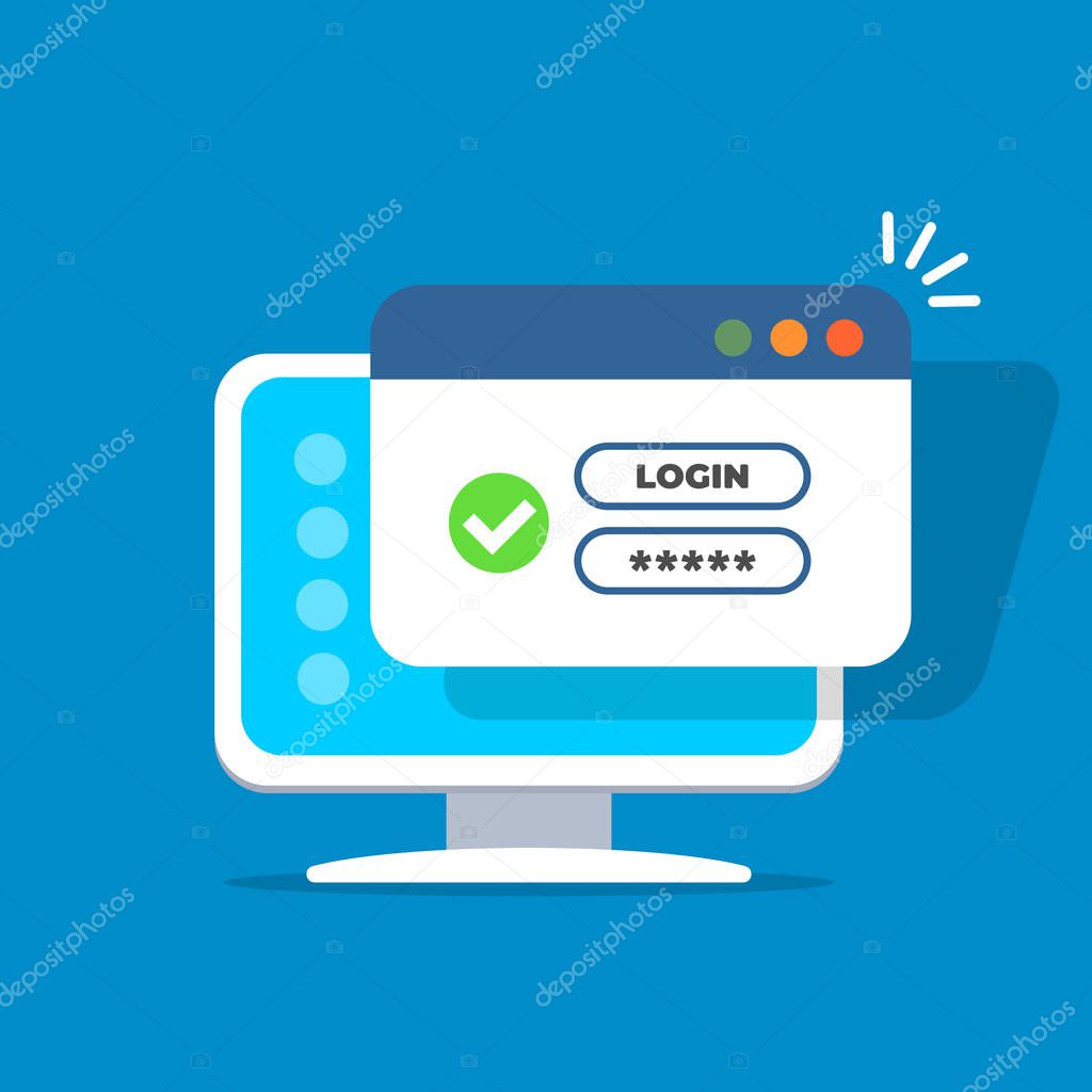 Login form page with green tick icon, username and password. Window browser with user authorization. Registration form. Vector illustration in flat style.