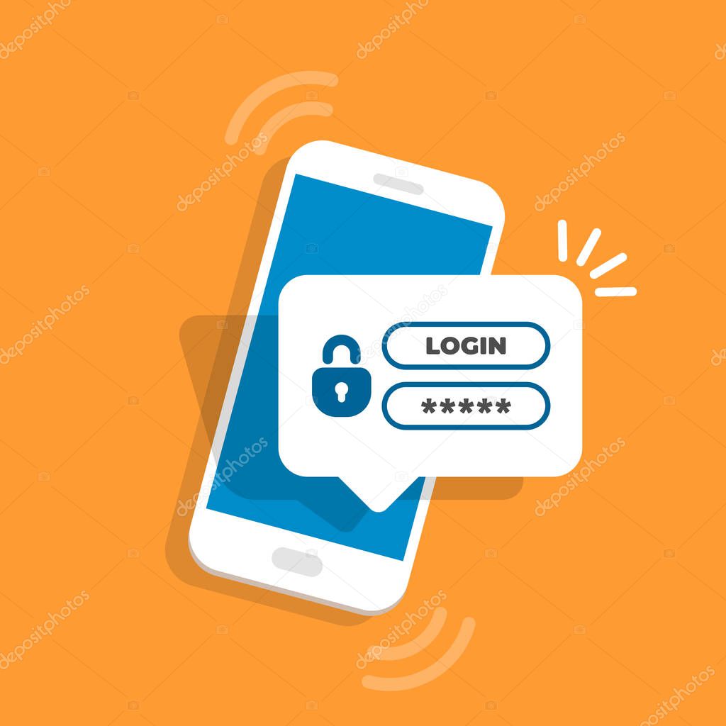 Smartphone with locked access to information. Notification with authorization form on screen. Notification with a password. Vector illustration in flat style.
