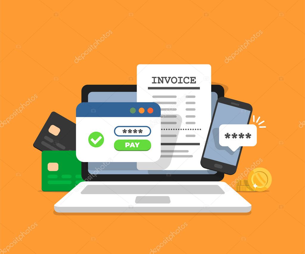 Online payment concept. Laptop with electronic invoice. Financial transaction confirmation via SMS. Coints and card on background. Vector illustration in flat style.