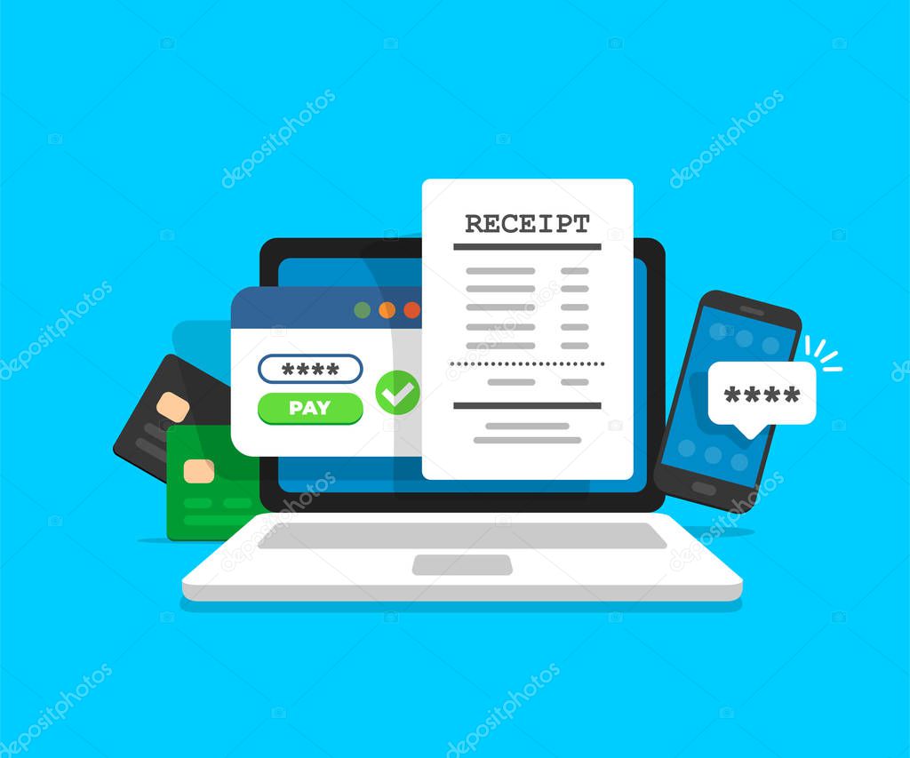 Notification on financial transaction. Laptop with electronic receipt. Online payment confirmation via SMS. Vector illustration in flat style.
