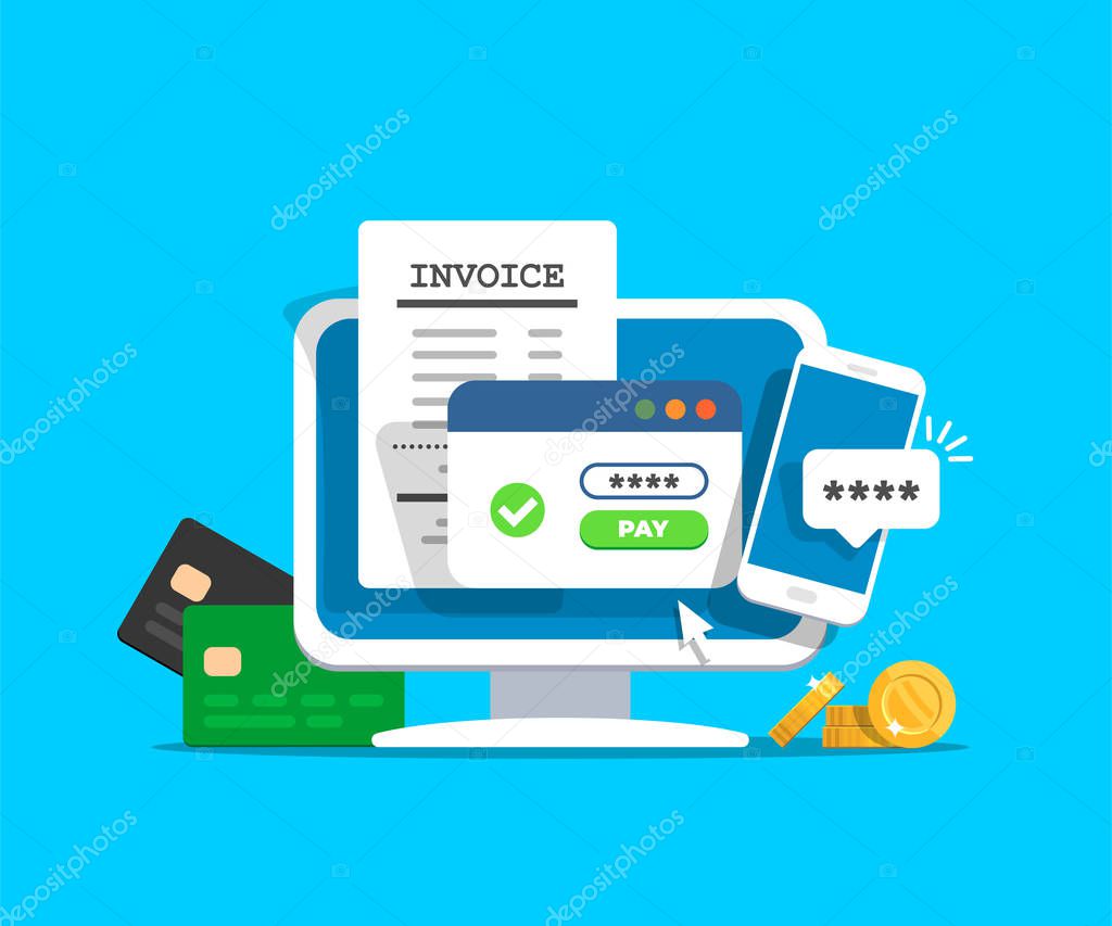 Online payment concept. Desktop with electronic invoice. Financial transaction confirmation via SMS. Coints and card on background. Vector illustration in flat style.