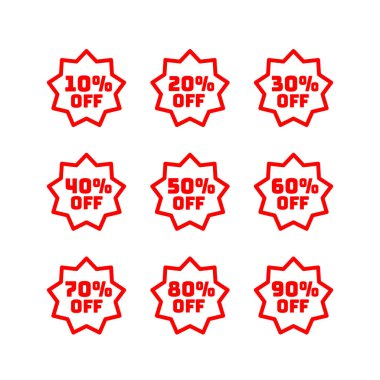 İndirim ile ayarla Etiketler sunuyoruz. Düşük maliyetli simgesi. Düz stil Promo simgesini. Vektör promosyon kırmızı etiket.