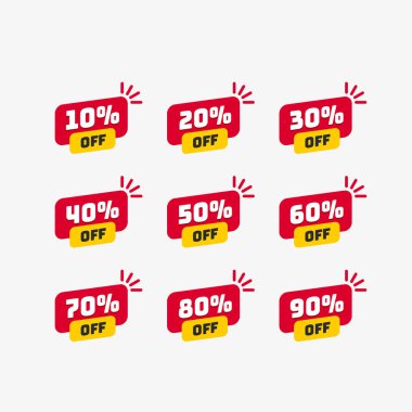 İndirim ile ayarla Etiketler sunuyoruz. Düşük maliyetli simgesi. Düz stil Promo simgesini. Vektör promosyon kırmızı etiket.