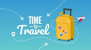 Seyahat çantası çıkartmaları ile. Uçak, seyahat ve gezi için kavram. Gezi arka plan.