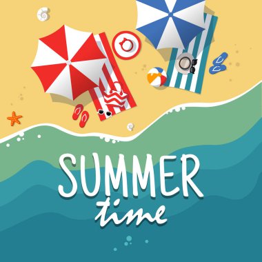 Yaz plaj havadan görünümüdür. Metin yaz saati ile arka plan tamplate. Tatil tropik sahilde. Deniz kum tatilde. Poster ve diğer promosyon malzemesi için kavram. Vektör çizim.