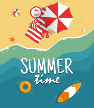 Yaz plaj havadan görünümüdür. Metin yaz saati ile arka plan tamplate. Tatil tropik sahilde. Deniz kum tatilde. Poster ve diğer promosyon malzemesi için kavram. Vektör çizim.