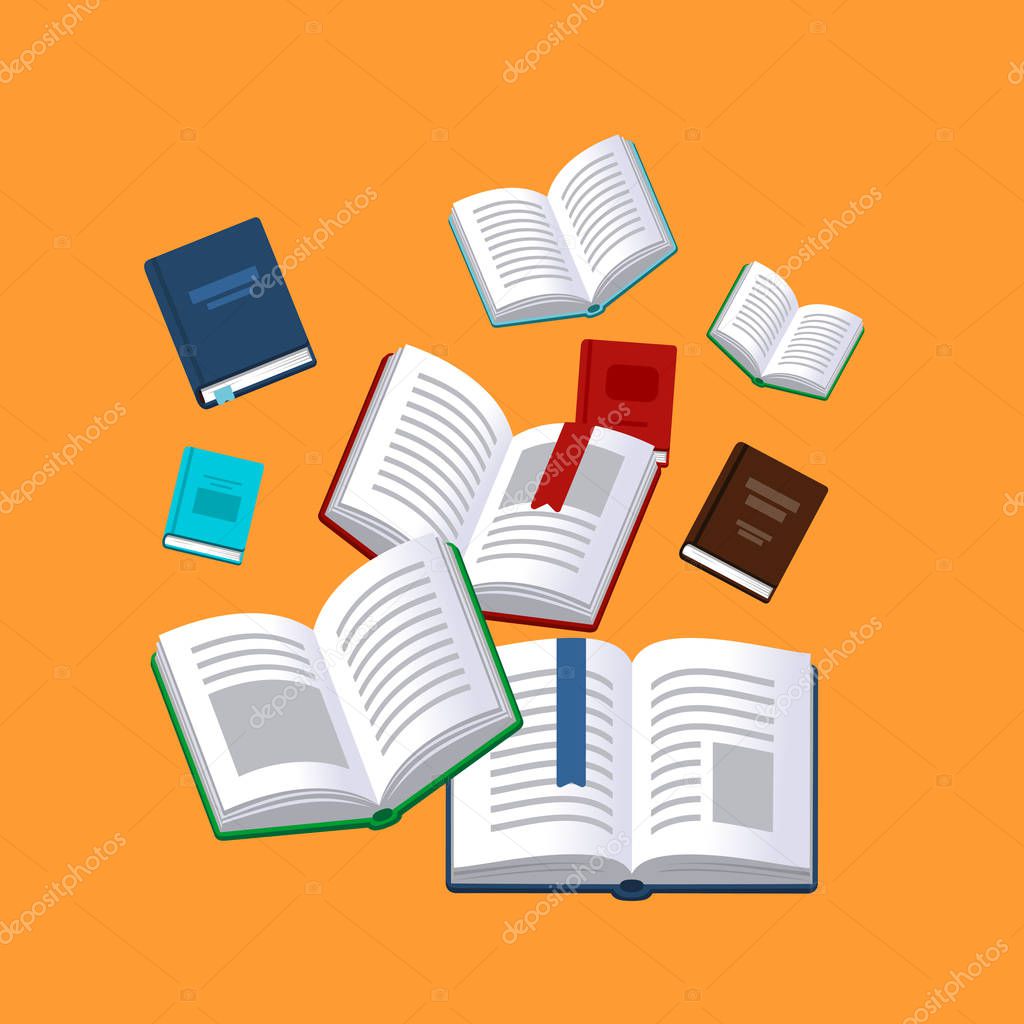 Books background. Science textbook. Research poster. Vector illustration.