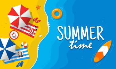 Yaz plaj havadan görünümüdür. Metin yaz saati ile arka plan tamplate. Tatil tropik sahilde. Deniz kum tatilde. ? oncept için poster ve diğer promosyon malzemesi. Düz stil vektör çizim.