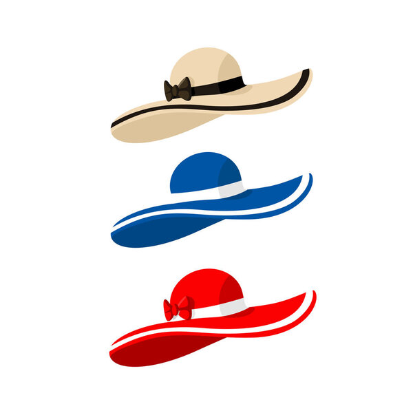 Set of beach hats in flat style. Isolated vector illustration. Objects for summer and travel concepts.