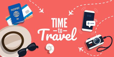 Metin ile seyahat kavramı. Vektör çizim düz tarzı. Bavul, Bilet, şapka, güneş gözlüğü kırmızı bir arka plan üzerinde.