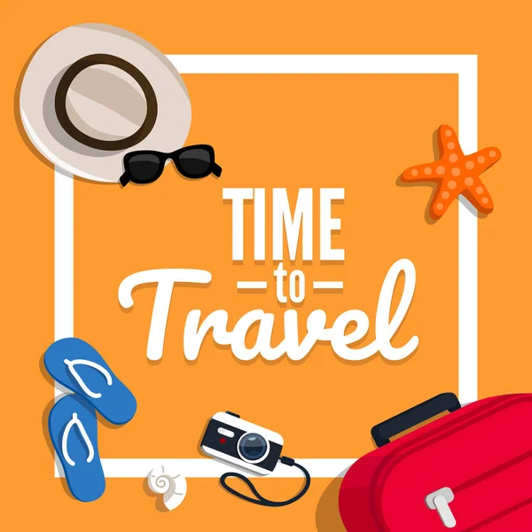 テキストとの旅行のコンセプトです フラット スタイルのベクトル図です スーツケース チケット サングラス オレンジ色の背景の  — 無料ストックフォト