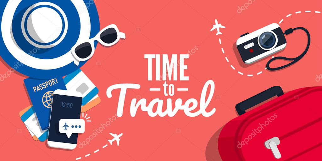 Concept of travelling with the text. Vector illustration in flat style. Suitcase, ticket, hat, sunglasses on a red background.