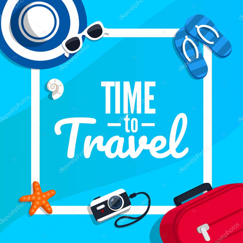 Concept of travelling with the text. Vector illustration in flat style. Suitcase, ticket, hat, sunglasses on a blue background.