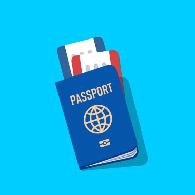 Uçak bileti üzerinde mavi Amerikan pasaportu ile. Görünümü üst. Düz stil çizimde. Vektör izole nesnesi.