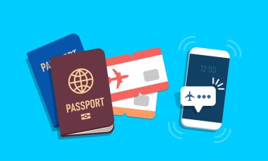 Kavram online bilet satın almak için. Uçuş smartphone ekranında bildirilmesi. Uçak bileti ve pasaport. Düz stil vektör çizim.