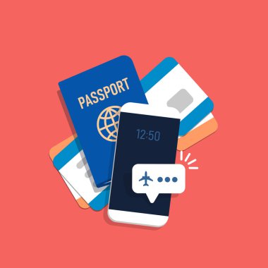 Kavram online bilet satın almak için. Uçuş smartphone ekranında bildirilmesi. Uçak bileti ve pasaport. Düz stil vektör çizim.