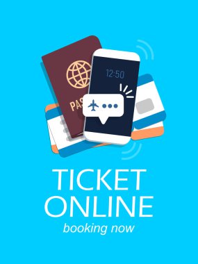 Kavram online bilet satın almak için. Uçuş smartphone ekranında bildirilmesi. Uçak bileti ve pasaport. Düz stil vektör çizim.