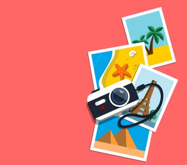 Kamera ve yığın fotoğrafları. Seyahat fotoğrafları. Düz stil vektör çizim.