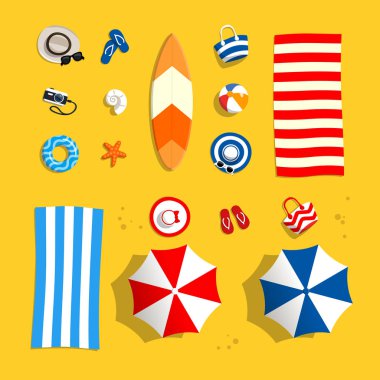 Beach accessories on sand. Set objects for swimming and vocation sea. Top view. Vector illustration in flat style. clipart