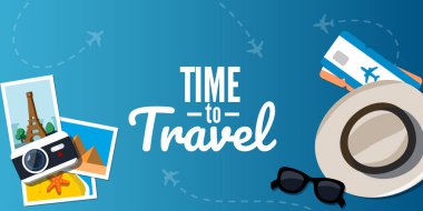 Seyahat kavramı. Kamera, şapka, güneş gözlüğü ve yığın seyahat fotoğrafları. Düz stil vektör çizim.