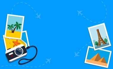 Kamera ve yığın fotoğrafları. Seyahat fotoğrafları. Düz stil vektör çizim.