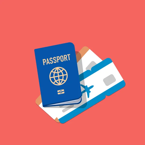 Pasaporte Azul Americano Con Billete Avión Vista Superior Ilustración Estilo — Vector de stock