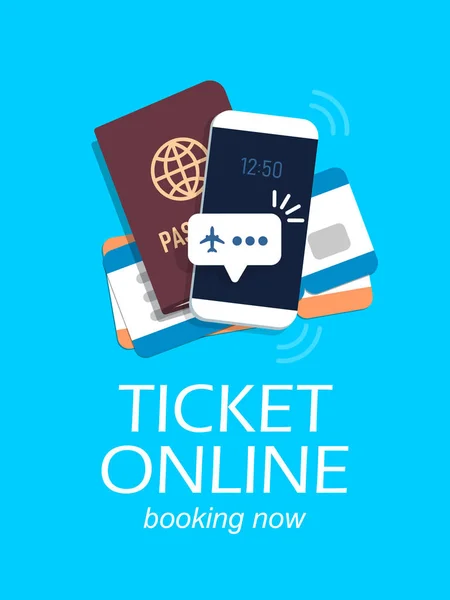 网上购票的概念 智能手机屏幕上的航班通知 机票和护照 在平的样式的向量例证 — 图库矢量图片
