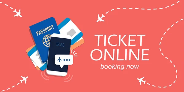 网上购票的概念 智能手机屏幕上的航班通知 机票和护照 在平的样式的向量例证 — 图库矢量图片