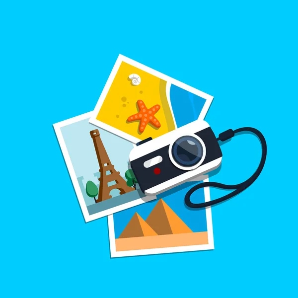 Camera Stapel Foto Foto Van Reizen Vectorillustratie Vlakke Stijl — Gratis stockfoto