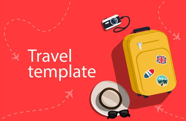 Travel Bag Aparat Słońce Kapelusz Koncepcja Dla Samolotów Podróży Podróży — Wektor stockowy