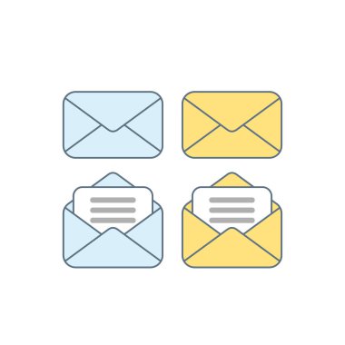 Zarf simgesi kümesi. Vektör illüstrasyon. Zarfları açma ve kapatma.