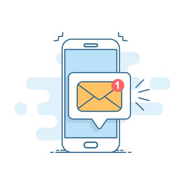 Okunmamış e- posta bildirimi. Akıllı telefon ekranında yeni mesaj var. Vektör illüstrasyonu.