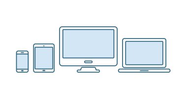 Aygıt simgeleri ayarlayın. Laptop, bilgisayar, Masaüstü PC, tablet, akıllı telefon. Ofis ve ev dijital gadget. Web tasarımı için siyah sembol. Beyaz arka planda izole vektör ıllustratin.