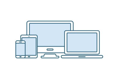 Aygıt simgeleri ayarlayın. Laptop, bilgisayar, Masaüstü PC, tablet, akıllı telefon. Ofis ve ev dijital gadget. Web tasarımı için siyah sembol. Beyaz arka planda izole vektör ıllustratin.