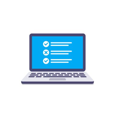 Online Anketler formu. Online sınav. Bilgisayar ekranında denetim listesi. Düz tarzda izole vektör illüstrasyon.