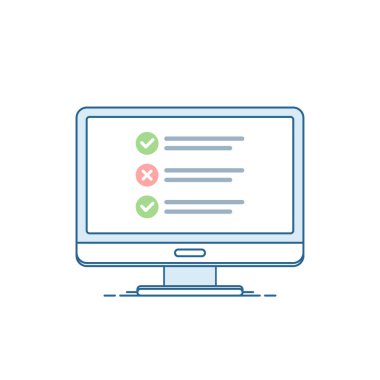 Online Anketler formu. Online sınav. Bilgisayar ekranında denetim listesi. Düz tarzda izole vektör illüstrasyon.