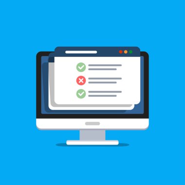 Online Anketler formu. Online sınav. Bilgisayar ekranında denetim listesi. Düz tarzda izole vektör illüstrasyon.