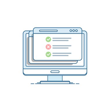 Online Anketler formu. Online sınav. Bilgisayar ekranında denetim listesi. Düz tarzda izole vektör illüstrasyon.