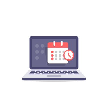 Ekran dizüstü takvim simgesi. Zamanlama, randevu, önemli tarih konsepti. Düz tarzda vektör Illustration.