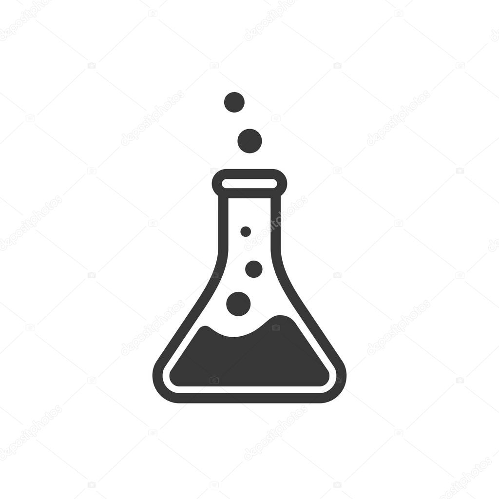 Laboratory beaker icon. ?hemical experiment in flask. ?hemistry and biology symbol. Flask vector illustration. Science technology. Isolated black object on white background.