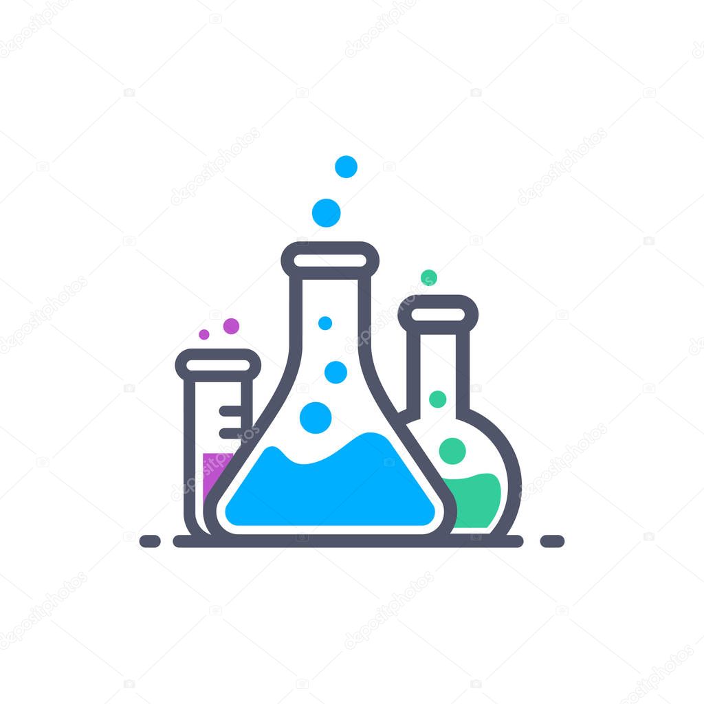 Laboratory beakers icon. ?hemical experiment in flasks. ?hemistry and biology symbol. Flasks vector illustration. Science technology. Isolated black object on white background.