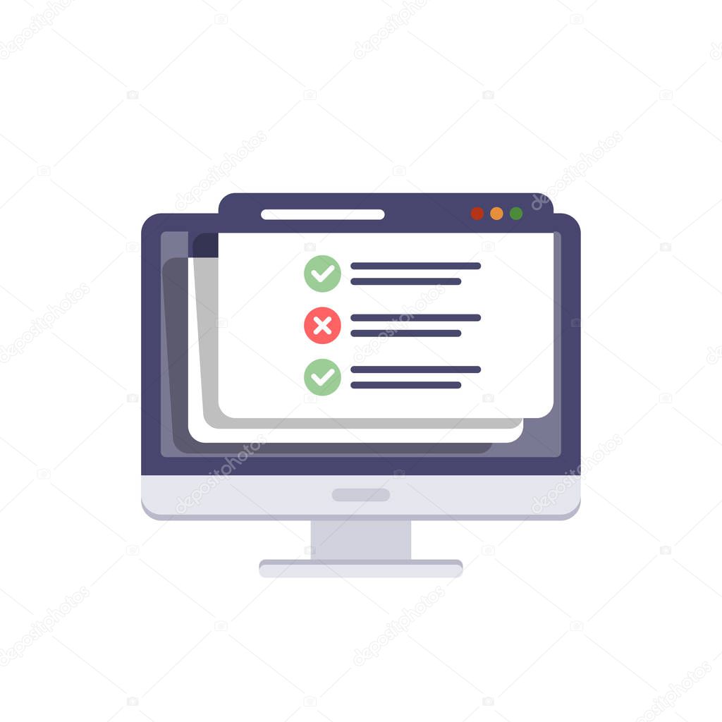 Online surveys form. Online exam. Checklist on the computer screen. Isolated vector illustration in flat style.