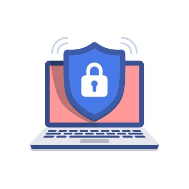 Ekran dizüstü bilgisayarda asma kilit içeren kalkan simgesi. Güvenlik konsepti. Siyah arka plan üzerinde yalıtılmış vektör çizimi.