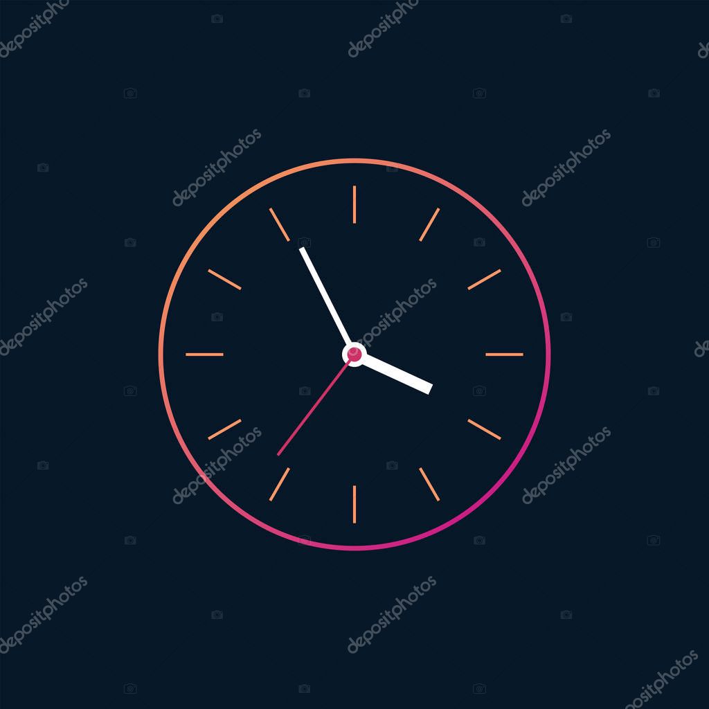 Colorful clock vector illustration on dark background. Wall clock vector illustration.