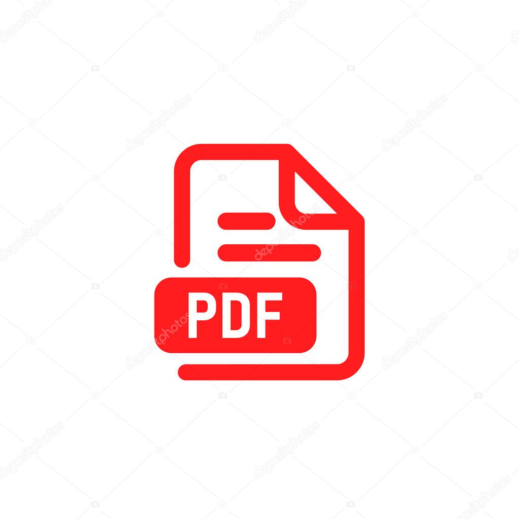 PDF document file format. Download and save icon. Web doc pictogram. Red vector illuatration on white background.