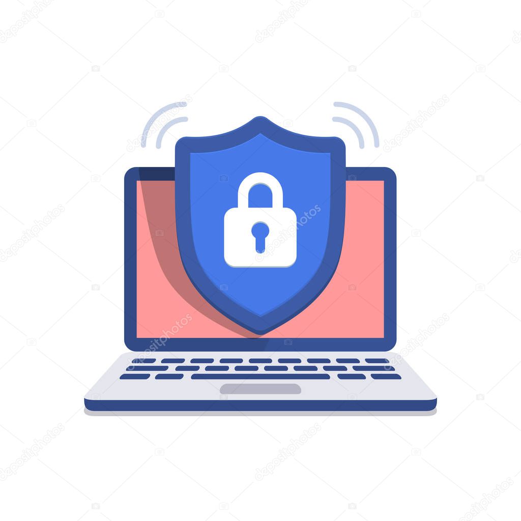 Shield icon with padlock on screen laptop. Security concept. Isolated vector illustration on black background.