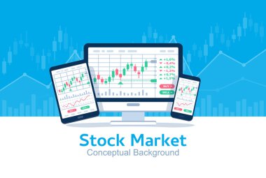 Bilgisayar ekranında, tablette ve telefonda hisse senedi grafiği çizelgesi. Teknik analiz, şamdan şeması. Küresel borsa endeksi. Eski ticaret kavramı. Ticaret stratejisi. Vektör illüstrasyonu