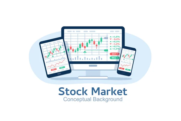 Aktier Marknadskurva Diagram Datorskärm Surfplatta Och Telefon Teknisk Analys Ljusstake — Stock vektor